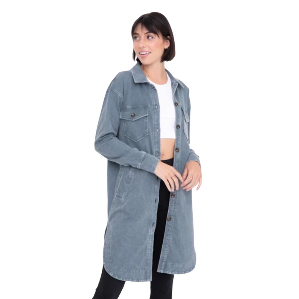 Mono B Women Mineral Wash Longline Shacket‎ Blue Grey Cotton KJ11936 Size L